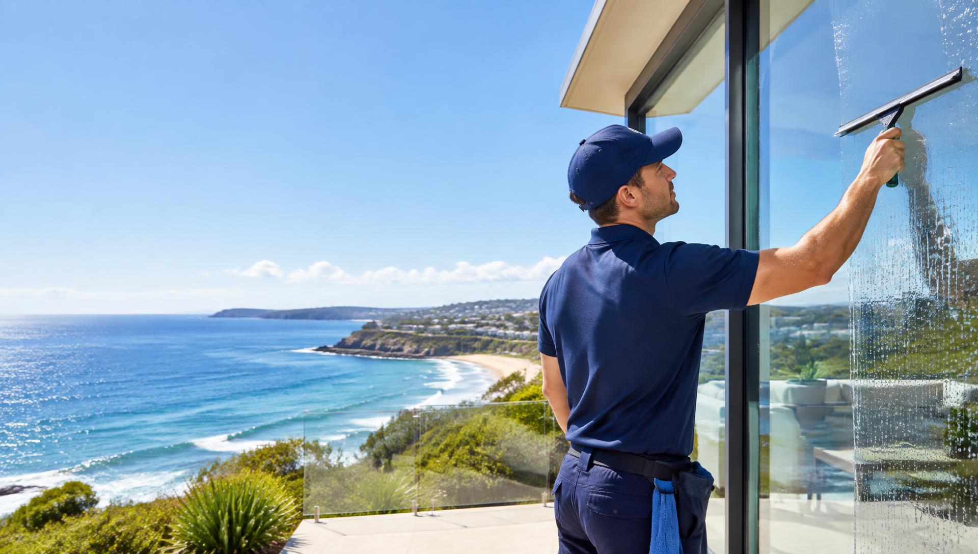 Window cleaner in navy workwear squeegeeing the glass windows of a coastal Illawarra home