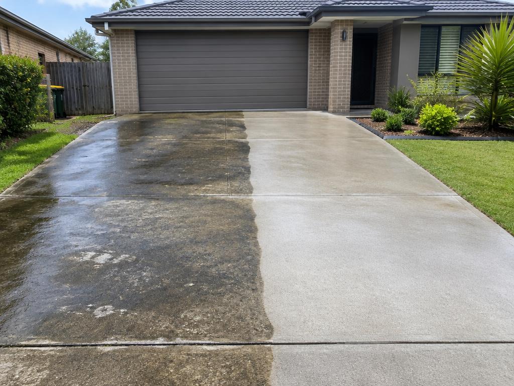 Concrete driveway shown half cleaned, half dirty